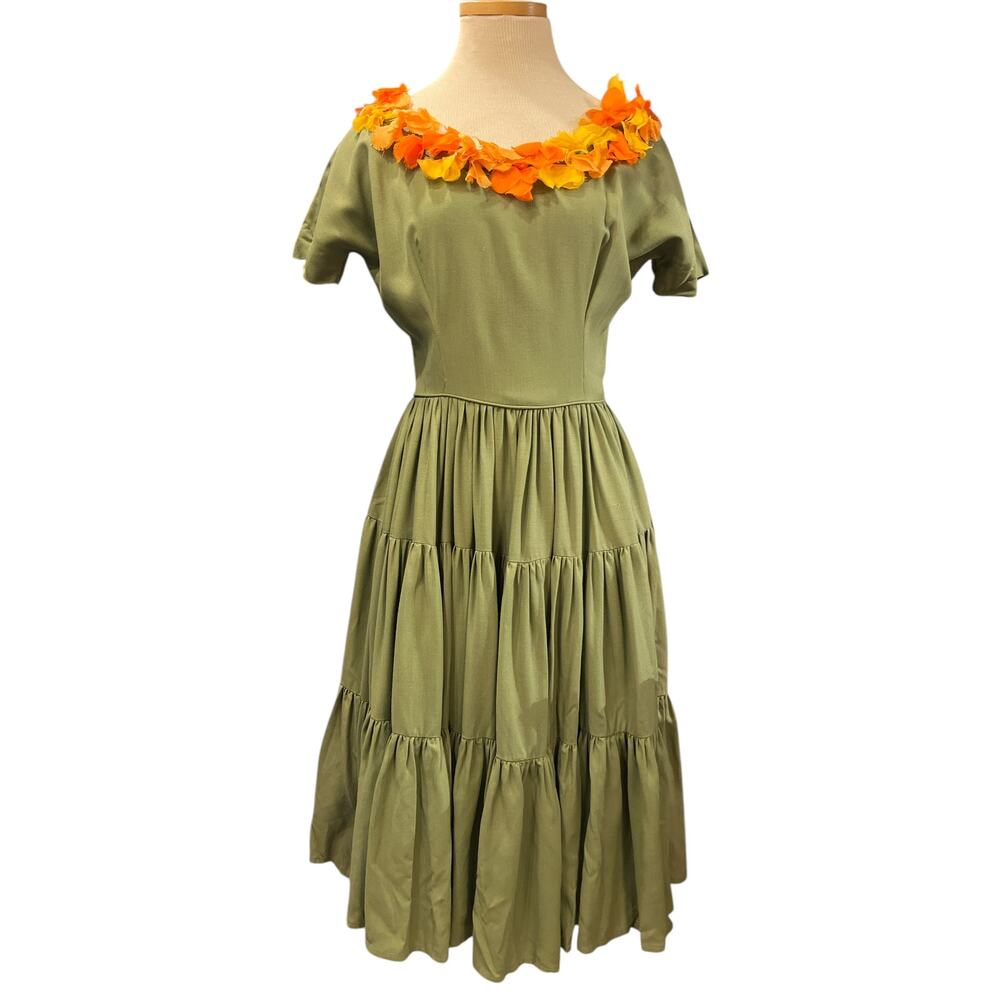 Vtg Square Dance Dress Size XS Olive Green 3D Floral Tiki Retro Handmade Unique